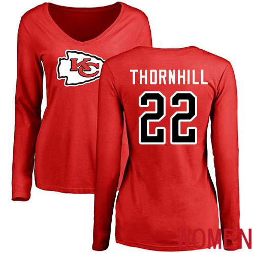Women Football Kansas City Chiefs #22 Thornhill Juan Red Name and Number Logo Slim Fit Long Sleeve T-Shirt